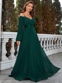 UNITHORSE Vai lạnh Tay áo lồng đèn Chiffon Đầm vũ hội - Màu xanh lá cây đậm - Xem 9