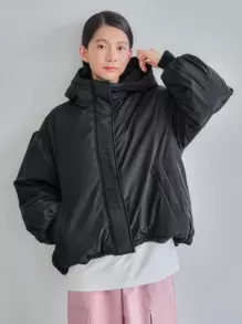 FRIFUL Abrigo con capucha acolchado, cierre de cremallera y dobladillo con cordón para el invierno - Negro - Ver 3