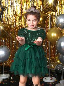 SHEIN 女孩泡泡袖前蝴蝶結網紗邊腰帶派對禮服 - 彩色 - 查看 5