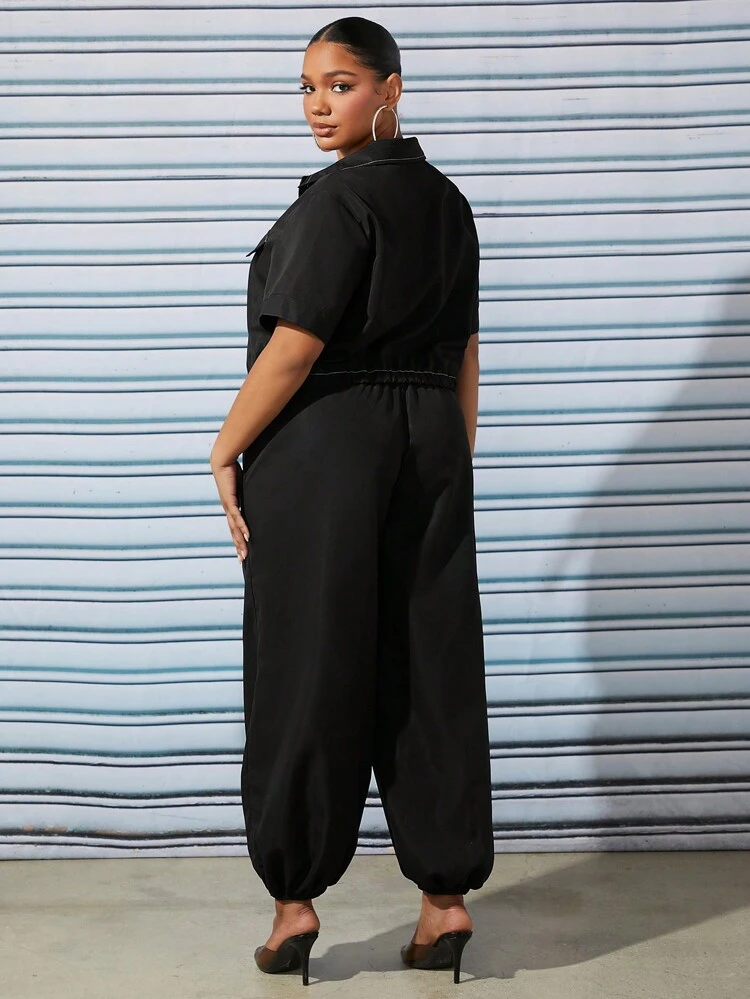 Plus Flap Detail Stitching Trim Crop Jacket & Letter Graphic Pants