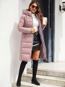 MIEGOFCE Zip Up Drawstring Hooded Padded Coat, Ladies Winter Casual Pocket, Zipper Regular Sleeve Hooded Regular Fit Dusty Pink Plain Women Padded Coats, Winter Warmth/ Winter Fashion - Dusty Pink - View 7