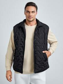 GENTILAND Loose Fit Men's Plus Size Quilted Vest Coat With Zipper - Black - View 1