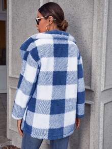 SHEIN LUNE Họa tiết kẻ sọc trâu Thả vai Áo khoác Teddy Không có áo len - Màu xanh lam - Xem 2