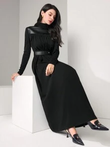 Modelyn High Neck PU Leather Yoke Belted Modest Long Sleeve Dress