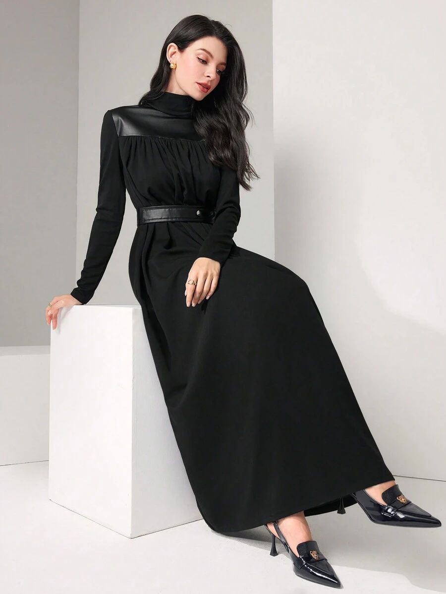 Modelyn High Neck PU Leather Yoke Belted Modest Long Sleeve Dress
