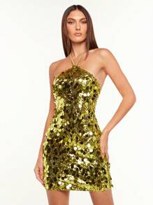 SHEIN BAE Của phụ nữ Vàng Kim sa Halter Neck Váy bodycon Đối với Hộp đêm - màu xanh lá - Xem 2