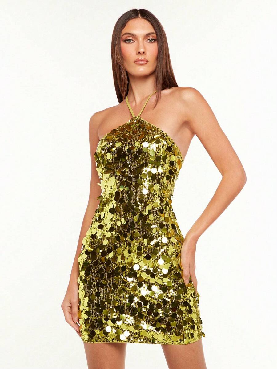 SHEIN BAE Của phụ nữ Vàng Kim sa Halter Neck Váy bodycon Đối với Hộp đêm
