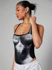 SHEIN BAE Graphic Print Bodysuit - Black and White - View 3