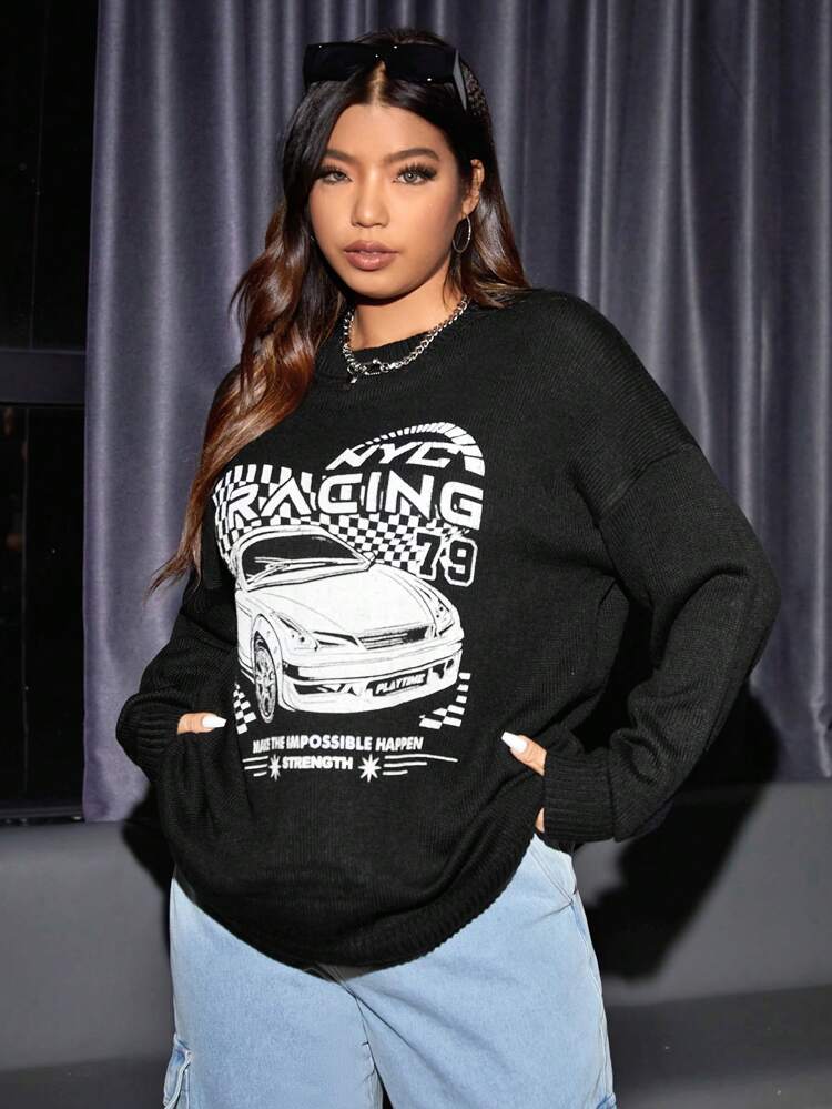 Plus Car & Slogan Graphic Drop Shoulder Sweater