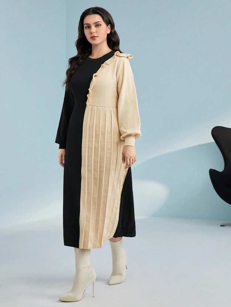 Plus Two Tone Ruffle Trim Lantern Sleeve Pleated Sweater Dress