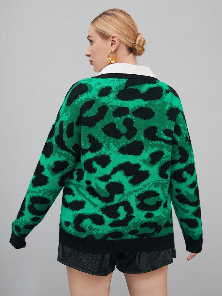 Plus Leopard Pattern Drop Shoulder Sweater Without Blouse