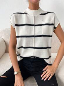 Chiquease Striped Pattern Mock Neck Pocket Patched Sweater Vest - Khaki - View 5