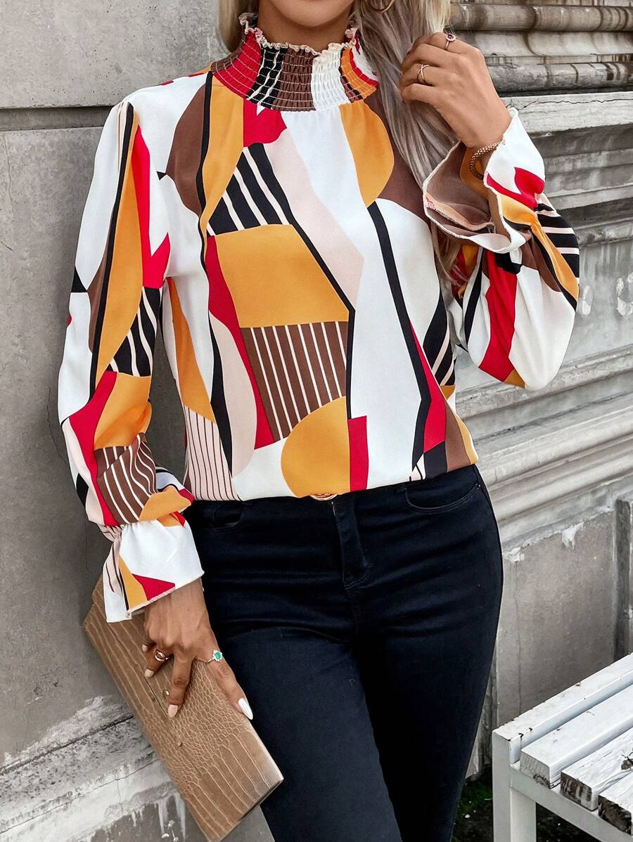 SHEIN Clasi 滿版印花荷葉袖襯衫 - 彩色 - 查看 1