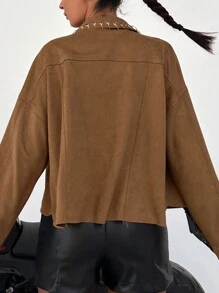 EURMUSE Ring Detail Drop Shoulder Flap Pocket Jacket - Camel - View 2