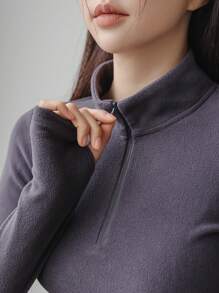 DAZY Chất rắn Một nửa khóa kéo Áo phông Crop - Xám - Xem 7