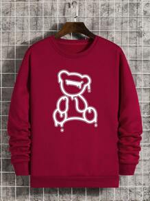 男士小熊印花加絨內裏運動衫 - 酒紅色 - 查看 1