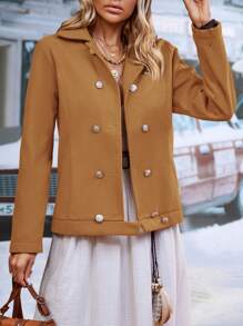 SHEIN LUNE 純色雙排扣大衣 - 卡其色 - 查看 3