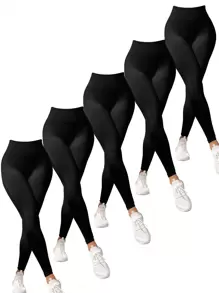 Easithlete 5pcs Solid Tummy Control Sports Leggings Yoga Women Pants - Black - View 4