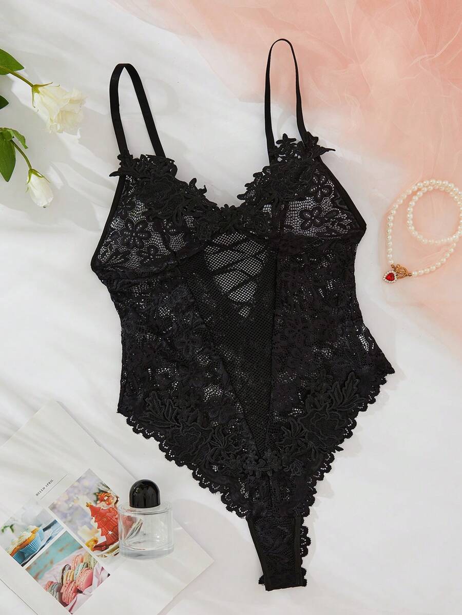 Body de lencería con aplicaciones de encaje floral, body de lencería lindo, body de lencería transparente y sensual - Negro - Ver 1