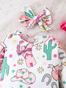 女嬰卡通圖案連身褲＆ 頭巾 - 彩色 - 查看 3