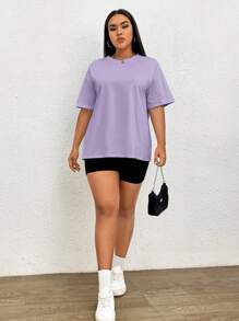 SHEIN EZwear Plus Solid Drop Shoulder Tee - Purple - View 6