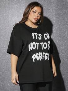 SHEIN SXY Women'S Plus Size Sparkly Sequin 'It'S OK Not To Be Perfect' Slogan Design T-Shirt New Years Top Club Outfits