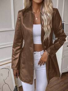 SHEIN LUNE Solid Single Button PU Coat - Brown - View 6