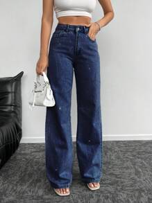 SHEIN Cottnline Women's Wide Leg Jeans With Rhinestone Embellishments - Navy Blue - View 3