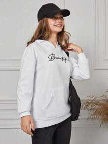 RueChic Teen Girl Letter Graphic Kangaroo Pocket Hoodie - White - View 4