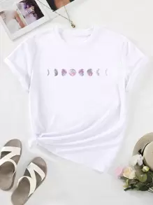 SHEIN Essnce 女款月亮印花修身t恤 - 白色 - 查看 1