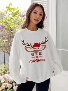 SHEIN EZwear 大碼聖誕圖案落肩袖運動衫 - 白色 - 查看 4