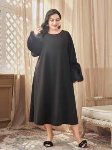 Al Najma Plus Fuzzy Cuff Trumpet Sleeve Tunic Dress - Black - View 6