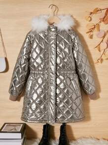 SHEIN Tween Girl Metallic Hooded Quilted Coat - Gold - View 1