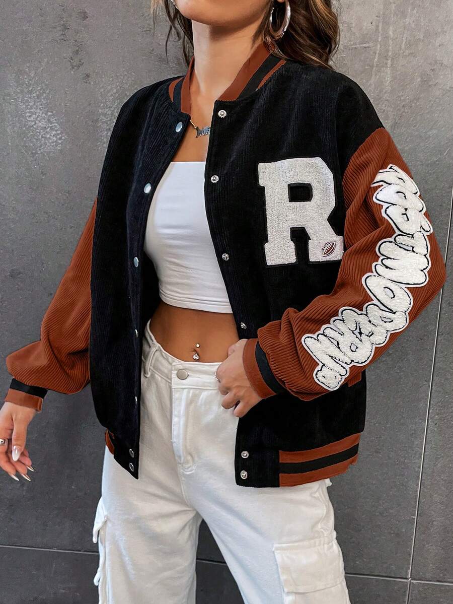 SHEIN Unity 字母貼布條紋飾邊落肩袖燈芯絨學院風夾克 - 棕色 - 查看 1