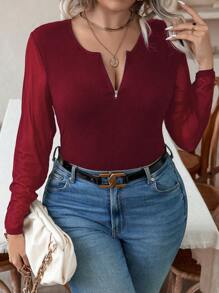 Celure Plus Contrast Mesh Zipper Front Tee - Burgundy - View 1