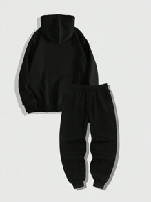 ROMWE MEN Goth Men Letter Graphic Drawstring Thermal Lined Hoodie & Sweatpants - Black - View 2