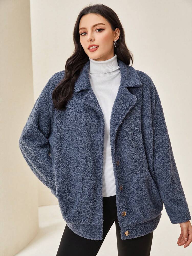 Drop Shoulder Pocket Patched Teddy Coat