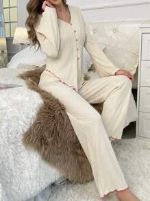 荷叶边纽扣睡衣套装/秋冬睡衣 - 杏色 - 查看 4
