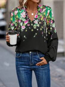 EMERY ROSE Floral Print Notched Neckline Lantern Sleeve Blouse - Black - View 1