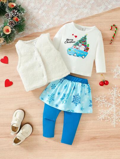 Baby Girl Christmas Print Tee & Pants & Vest Jacket