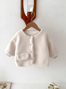 女嬰翻蓋細節前紐扣絨毛外套 - 米色 - 查看 2