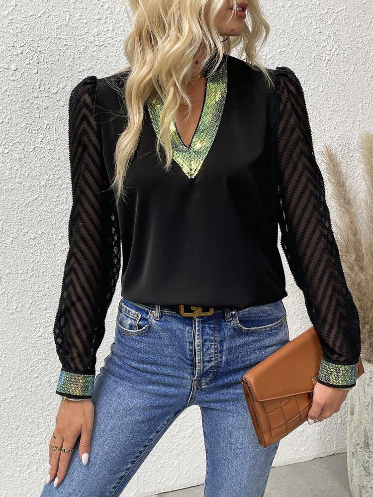 Notch Neck Contrast Sequin Blouse
