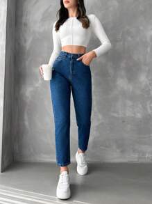 EURMUSE High Waist Mom Fit Jeans - Dark Wash - View 4