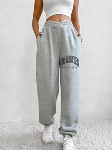 SHEIN Unity Đồ họa Chữ cái Túi nghiêng Quần thể thao - Xám - Xem 1