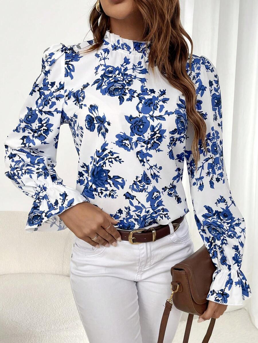 SHEIN Clasi Floral Print Flounce Sleeve Mock Neck Blouse - Royal Blue - View 1