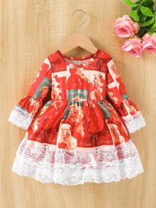 女嬰人像圖案蕾絲拼接喇叭袖荷葉邊洋裝適用於聖誕 - 紅色 - 查看 1