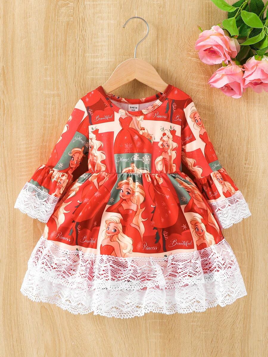 女嬰人像圖案蕾絲拼接喇叭袖荷葉邊洋裝適用於聖誕 - 紅色 - 查看 1
