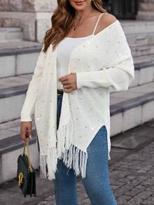 SHEIN Clasi Hơn Ngọc trai đính cườm Fringe Hem Thả vai Áo len Duster - trắng - Xem 2