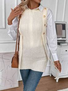 SHEIN Essnce Button Detail Sweater Vest Without Blouse - Apricot - View 4