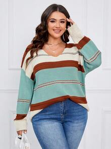 SHEIN LUNE 大碼條紋圖案落肩袖套頭毛衣 - 彩色 - 查看 6